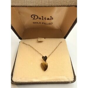 Deltah Gold Filled Double Heart Tiger's Eye Necklace